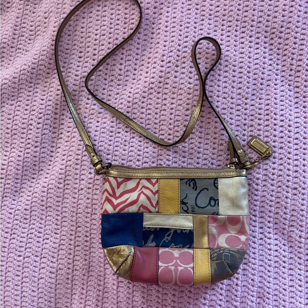 Coach Multicolor Patchwork Leather Fabric Signature Crossbody Purse Shoulder Bag